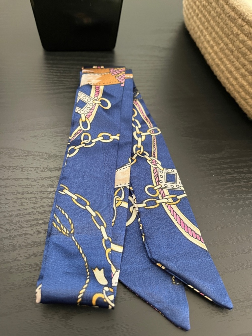 Navy Blue Chain-Print Silk Neck Scarf